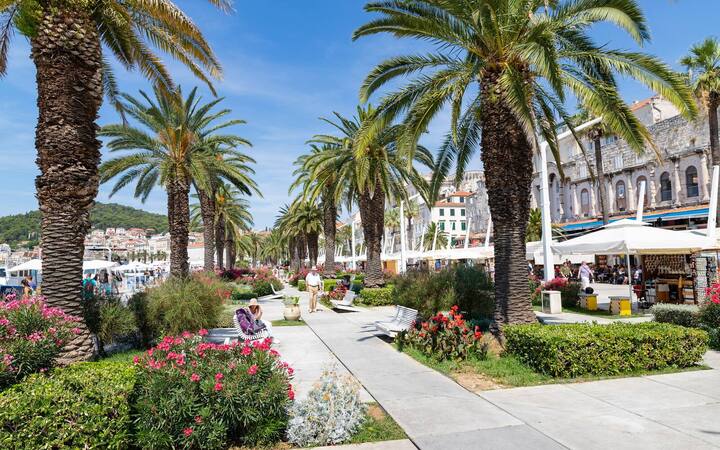Luchtfoto van de Riva in Split met palmbomen, perkjes en terrassen langs de boulevard